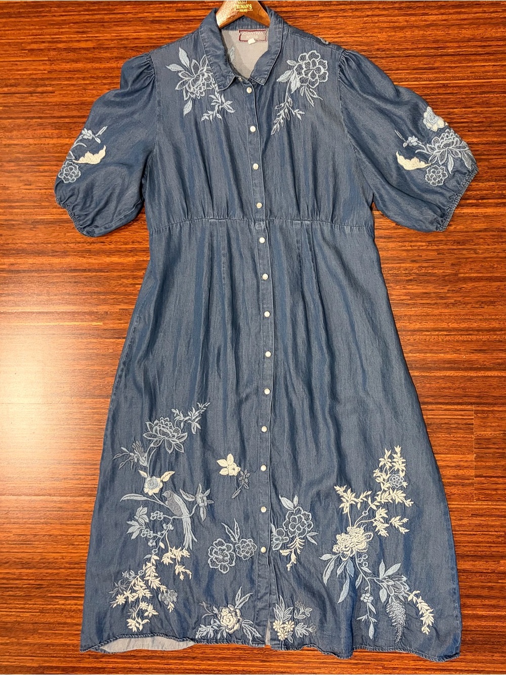 Johnny Was Jacqueline Embroidered Denim Puff Sleeve Midi Shirt Dress Large